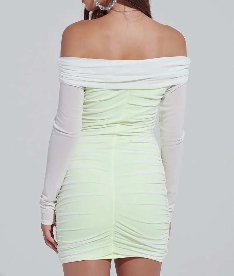 Neon Lining Color Block Ruched Off The Shoulder Long Sleeve Mini Dress