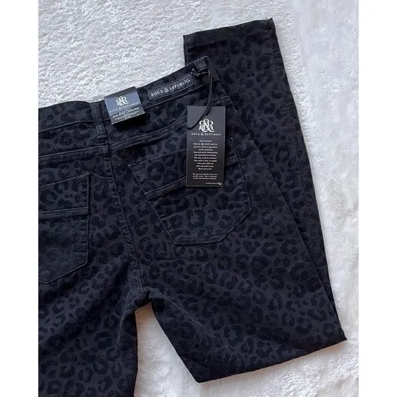 NWT Rock &amp; Republic Kashmiere Black Leopard Flocked Mid-Rise Legging