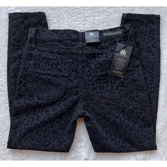 NWT Rock &amp; Republic Kashmiere Black Leopard Flocked Mid-Rise Legging