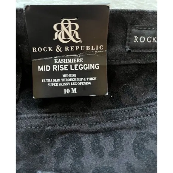 NWT Rock &amp; Republic Kashmiere Black Leopard Flocked Mid-Rise Legging