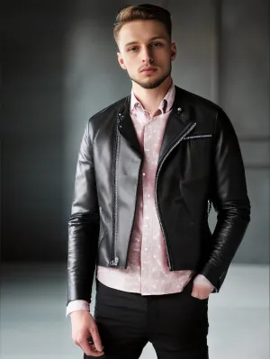 Off-Center Zip Genuine Leather Biker Jacket For Men
