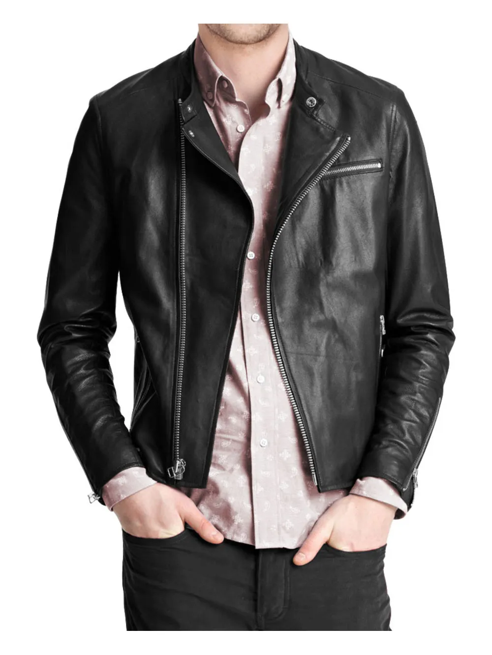 Off-Center Zip Genuine Leather Biker Jacket For Men