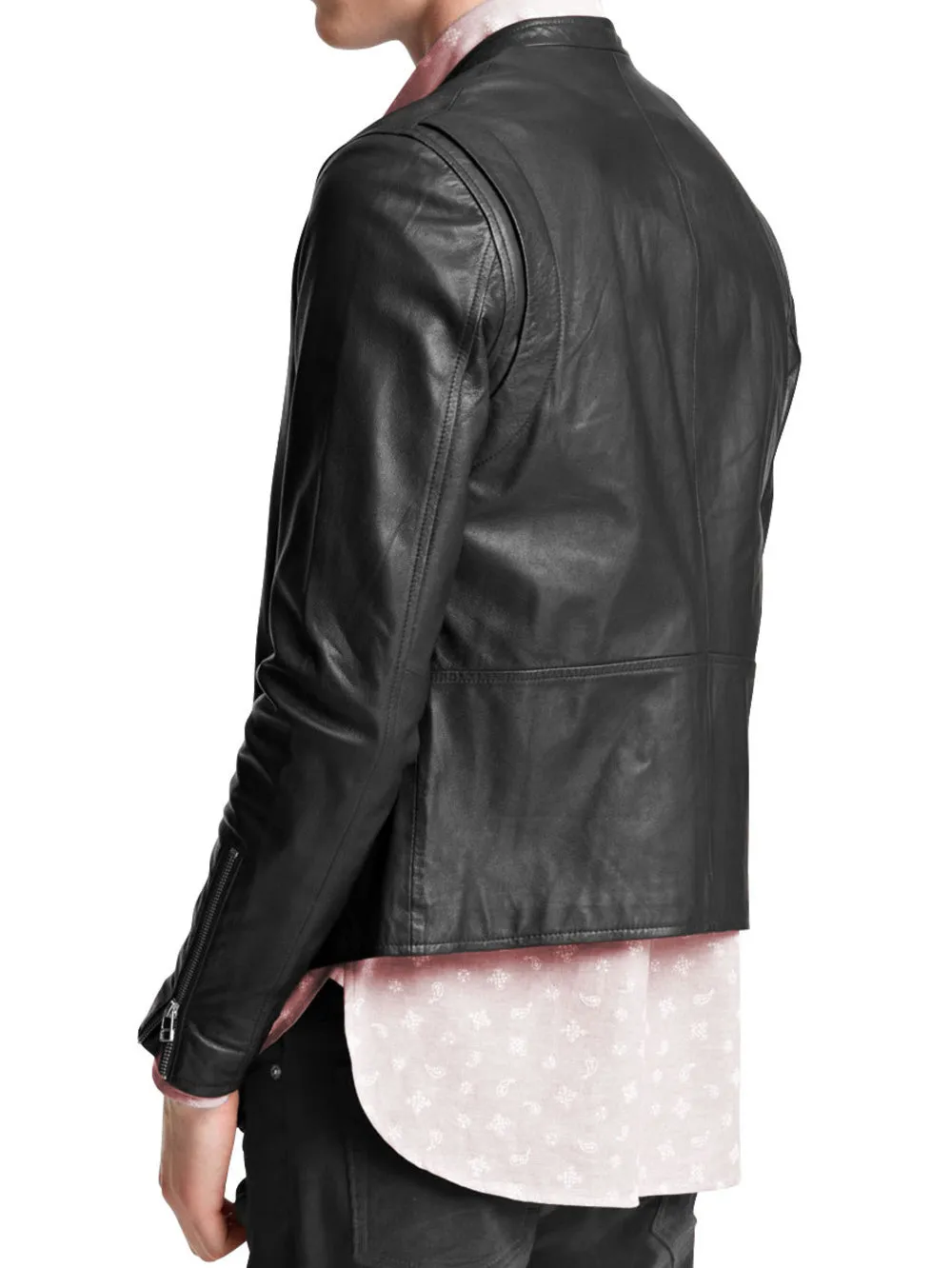 Off-Center Zip Genuine Leather Biker Jacket For Men
