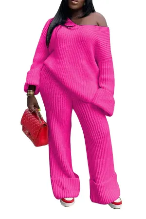 Off Shoulder Knitted Sweater and Loose Cuff Hem Pants