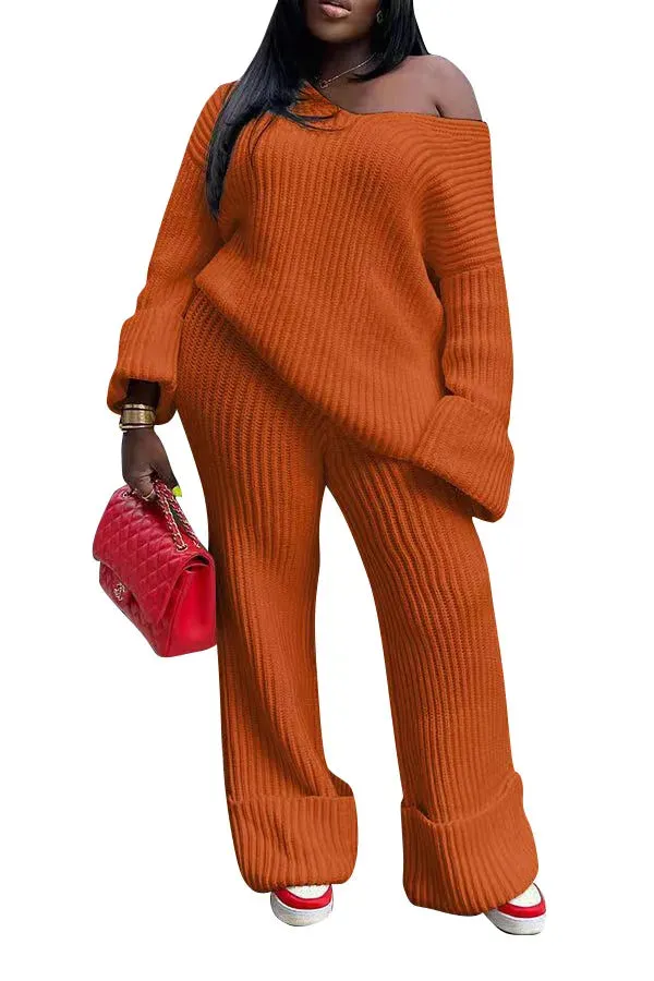 Off Shoulder Knitted Sweater and Loose Cuff Hem Pants