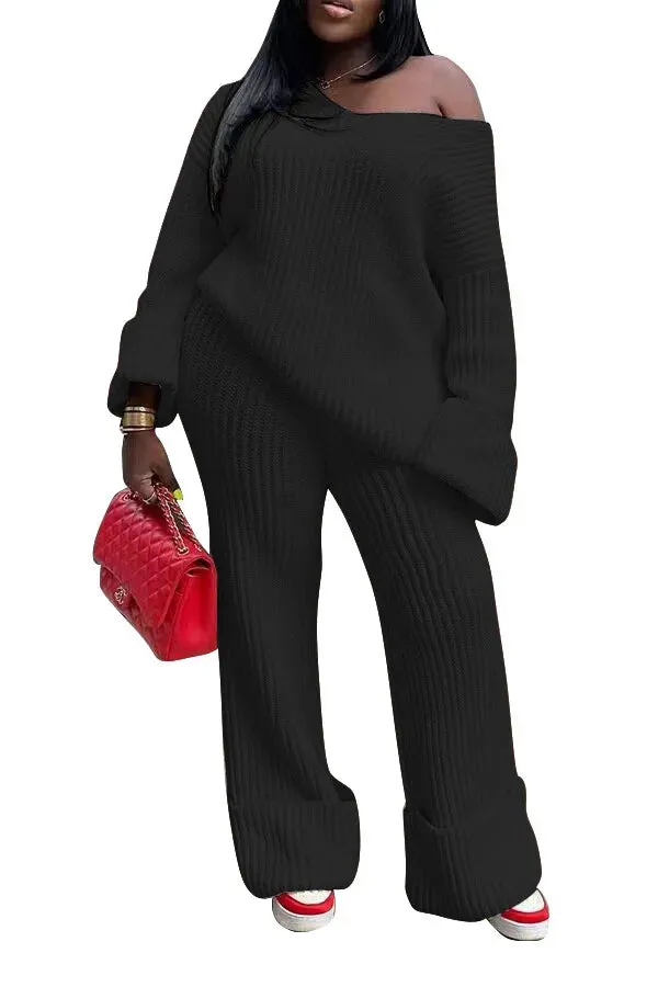 Off Shoulder Knitted Sweater and Loose Cuff Hem Pants