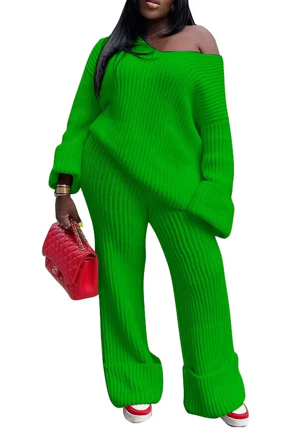Off Shoulder Knitted Sweater and Loose Cuff Hem Pants