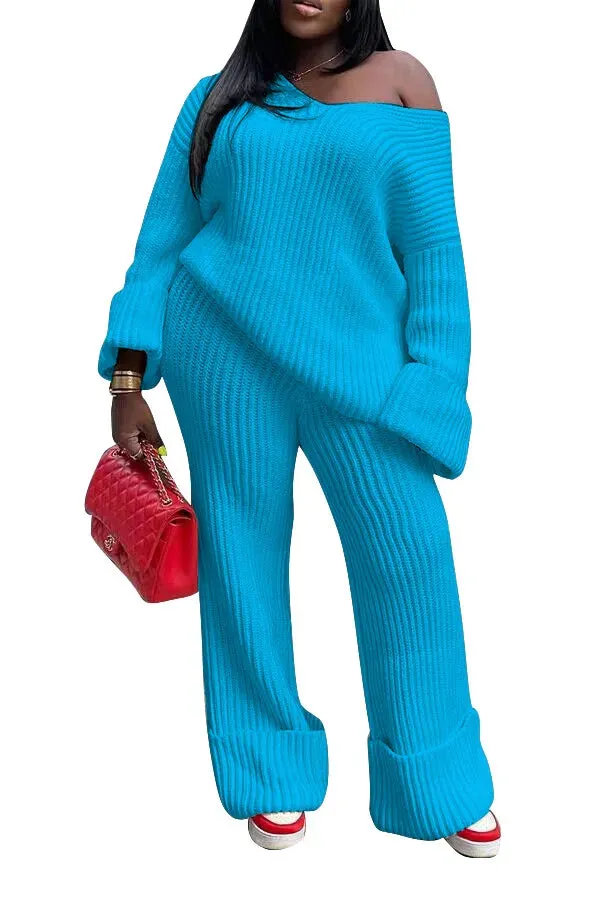Off Shoulder Knitted Sweater and Loose Cuff Hem Pants