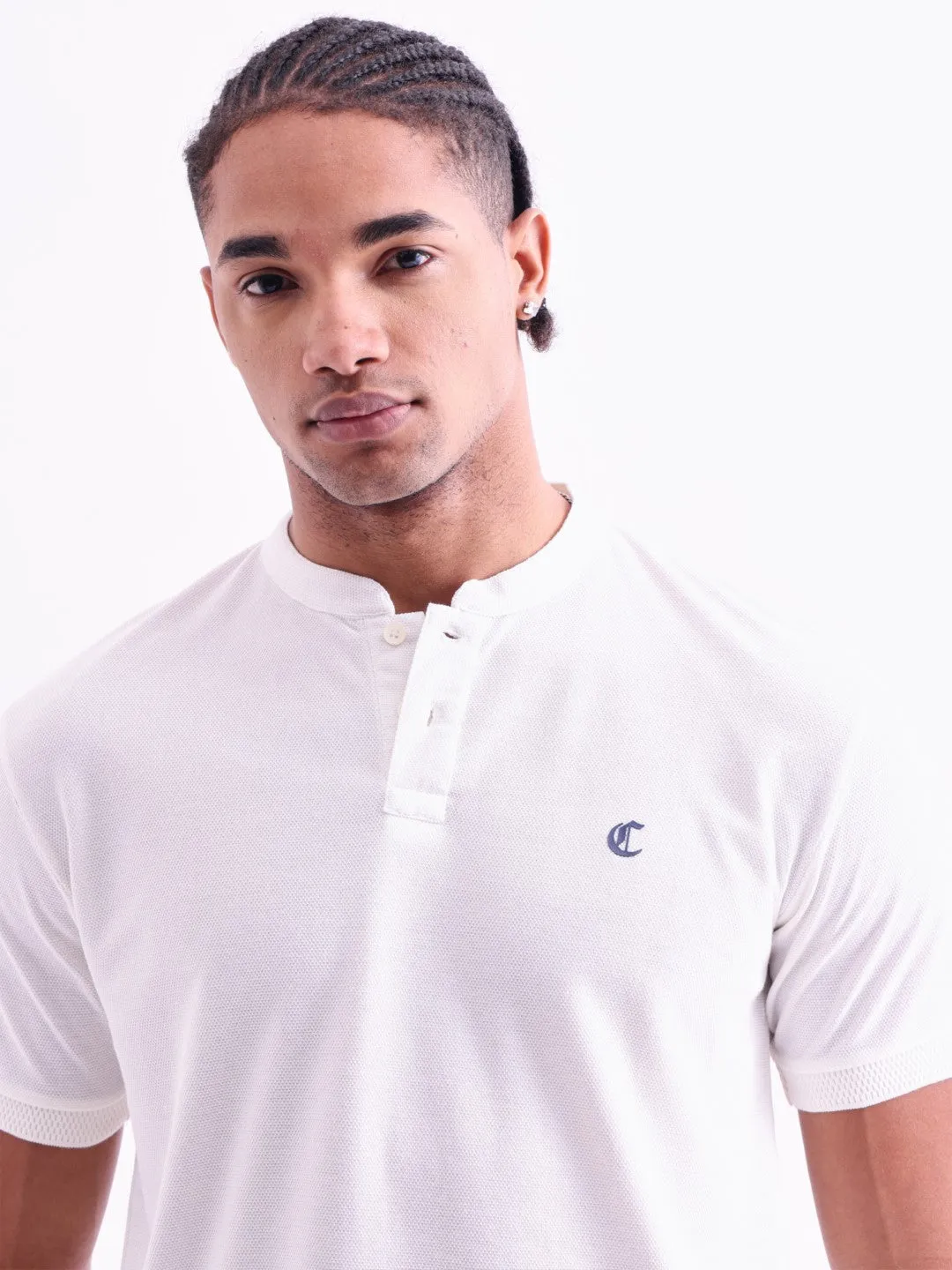 Off White Plain Band Collar T-Shirt