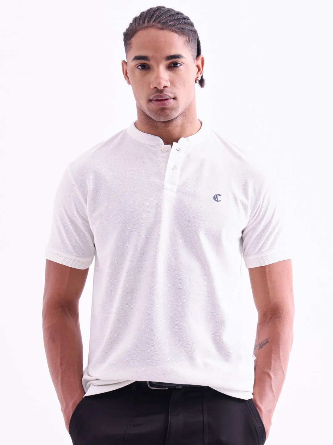 Off White Plain Band Collar T-Shirt