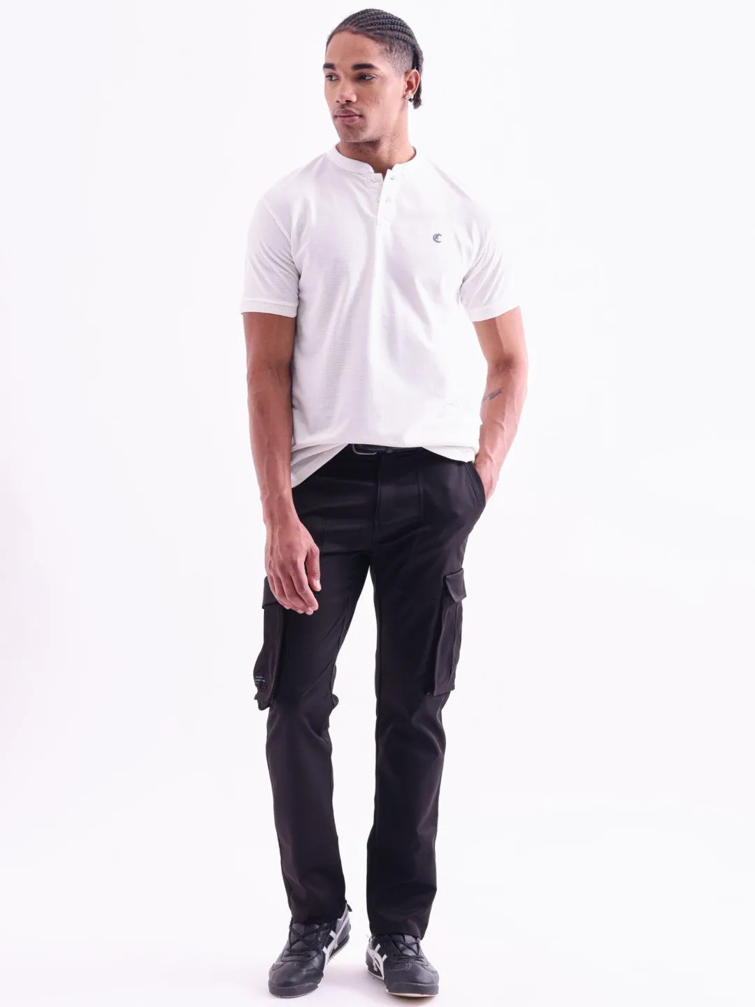 Off White Plain Band Collar T-Shirt