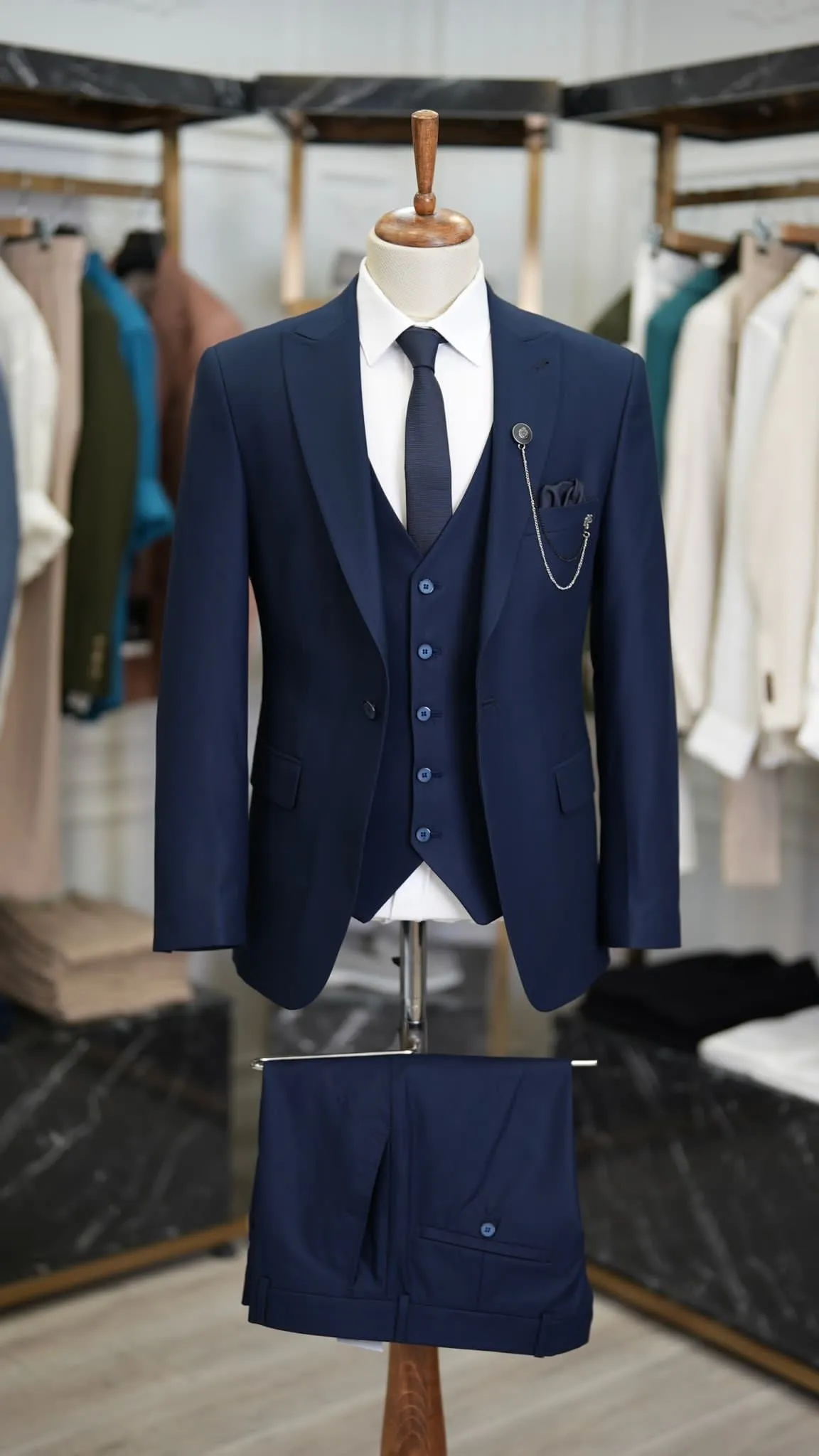 Paul Blue Slim Fit 3 Piece Peak Lapel Suit - Tailored Elegance for Every Occasion