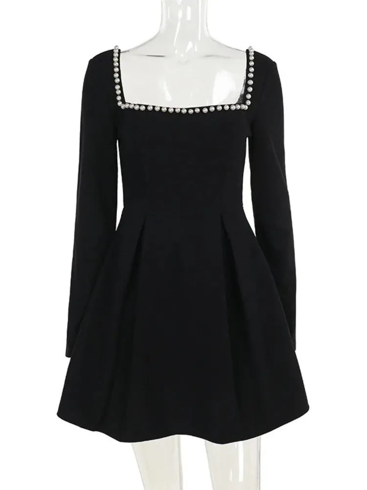Pearl Square Neck Long Sleeve Mini Dress