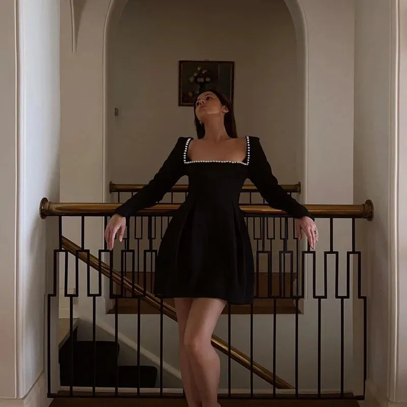 Pearl Square Neck Long Sleeve Mini Dress