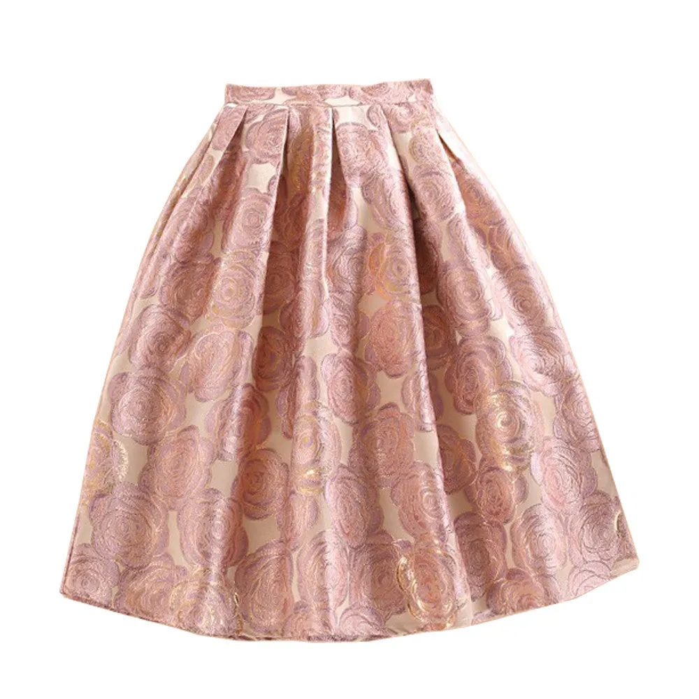 Pink Floral Jacquard High Waist Print Pleated Maxi Skirt Casual A-Line Skater Women Tulle Skirts