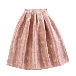 Pink Floral Jacquard High Waist Print Pleated Maxi Skirt Casual A-Line Skater Women Tulle Skirts