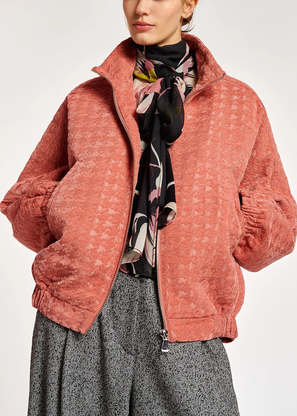 Pink houndstooth jacquard bomber jacket