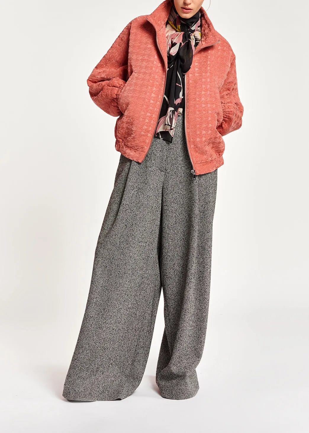 Pink houndstooth jacquard bomber jacket