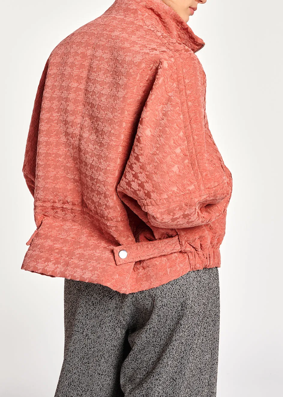 Pink houndstooth jacquard bomber jacket