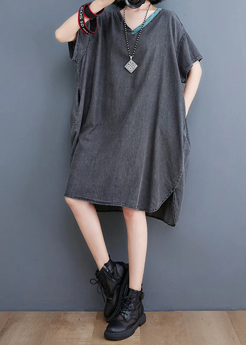 Plus Size Black V Neck Patchwork Denim Dresses