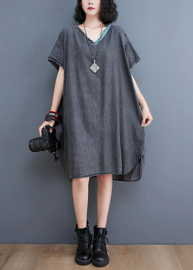Plus Size Black V Neck Patchwork Denim Dresses