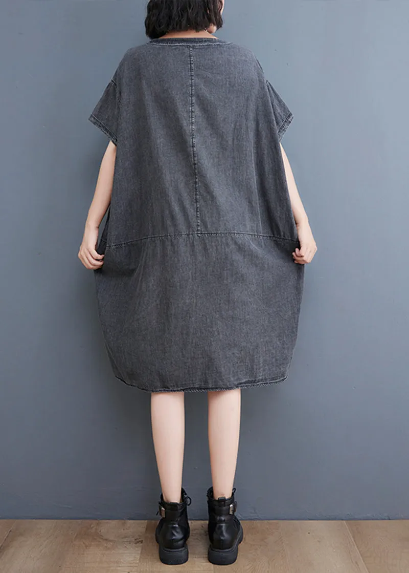 Plus Size Black V Neck Patchwork Denim Dresses