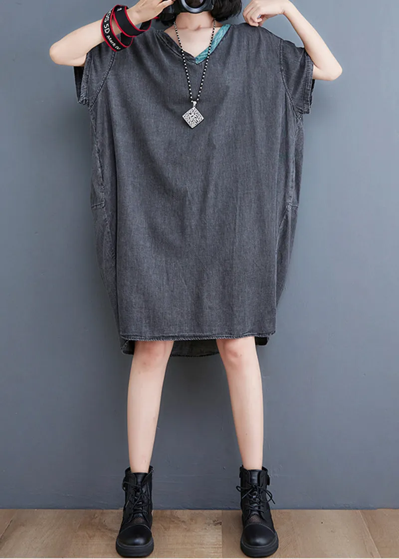 Plus Size Black V Neck Patchwork Denim Dresses