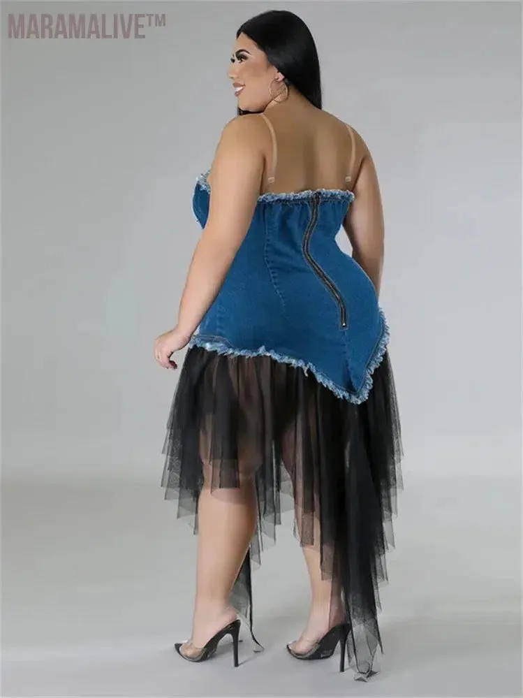 Plus Size Denim Dresses for Women Summer Solid Sleeveless Fashion Casual Mesh Patchwork Maxi Dress
