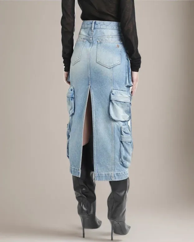 Pockets Drawstring Split Midi Cargo Denim Skirts