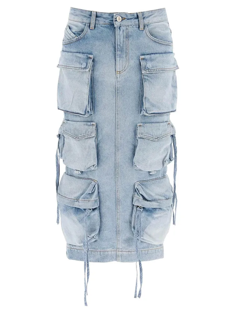 Pockets Drawstring Split Midi Cargo Denim Skirts