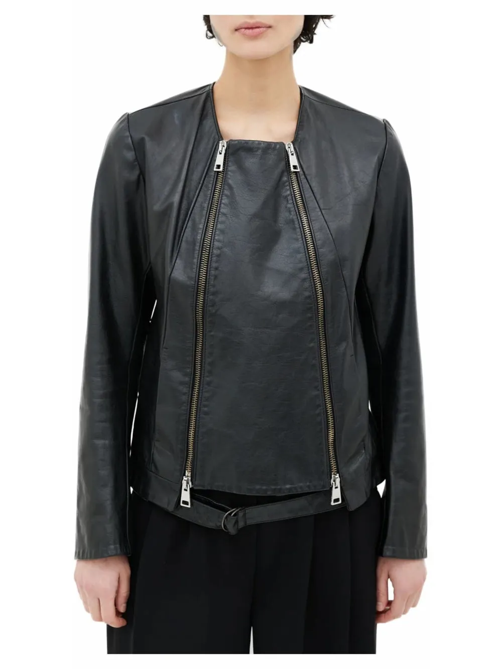 Polished Belted Leather Moto Jacket