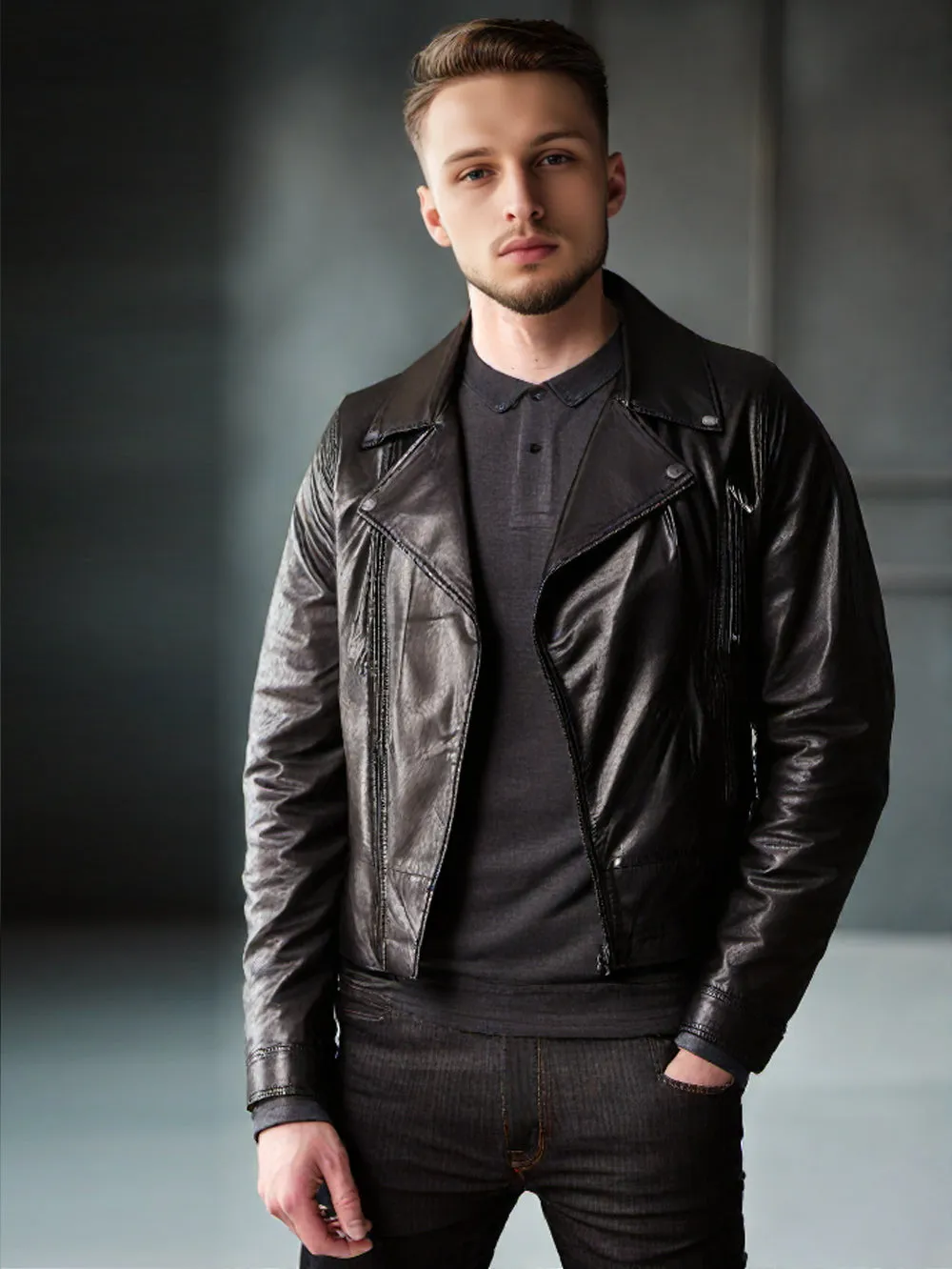 Press-Stud Genuine Leather Biker Jacket For Men