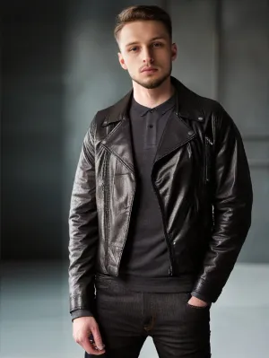 Press-Stud Genuine Leather Biker Jacket For Men