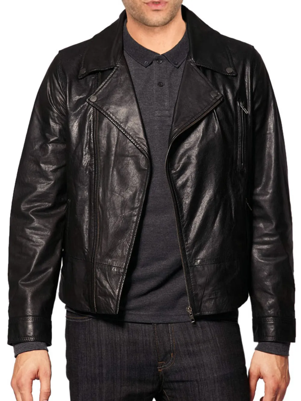 Press-Stud Genuine Leather Biker Jacket For Men