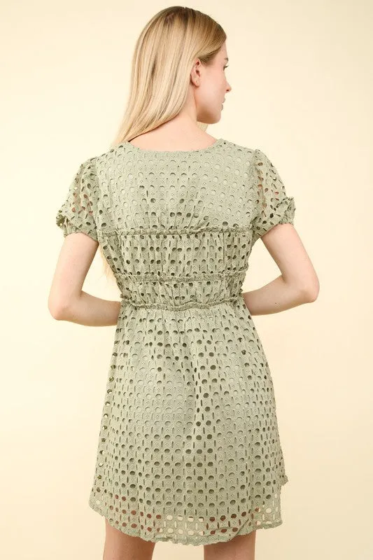 Puff Sleeve Eyelet Flare Mini Dress
