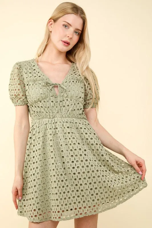 Puff Sleeve Eyelet Flare Mini Dress