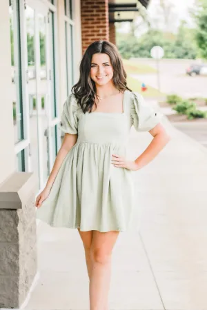 Puff Sleeve Olive Denim Dress