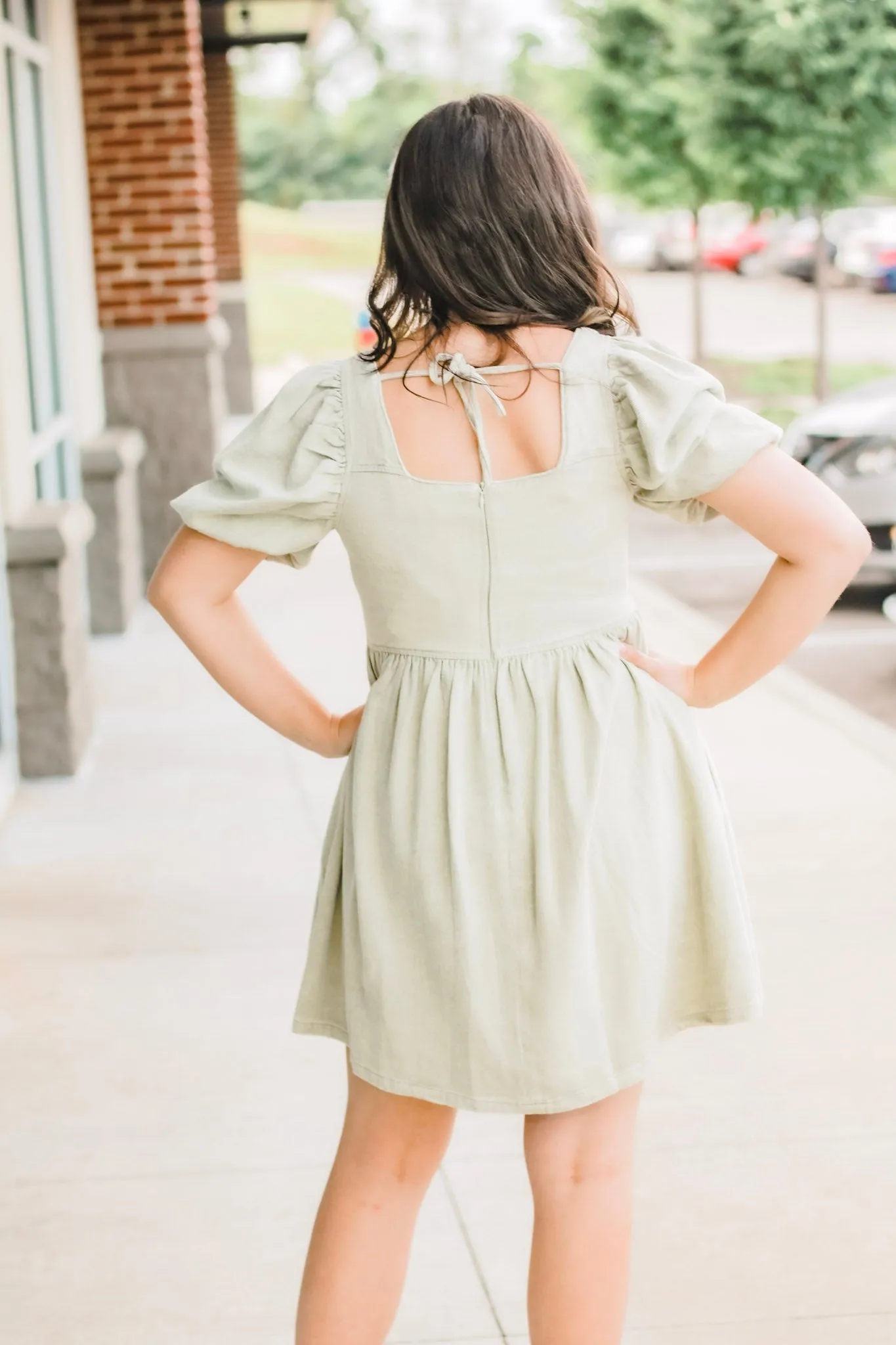 Puff Sleeve Olive Denim Dress