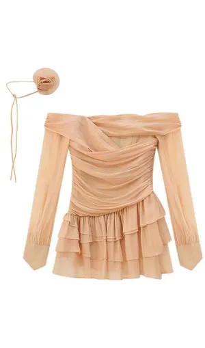 PUFF SLEEVE RUFFLE TRIM MESH CREP DRESS IN NUDE COLOR