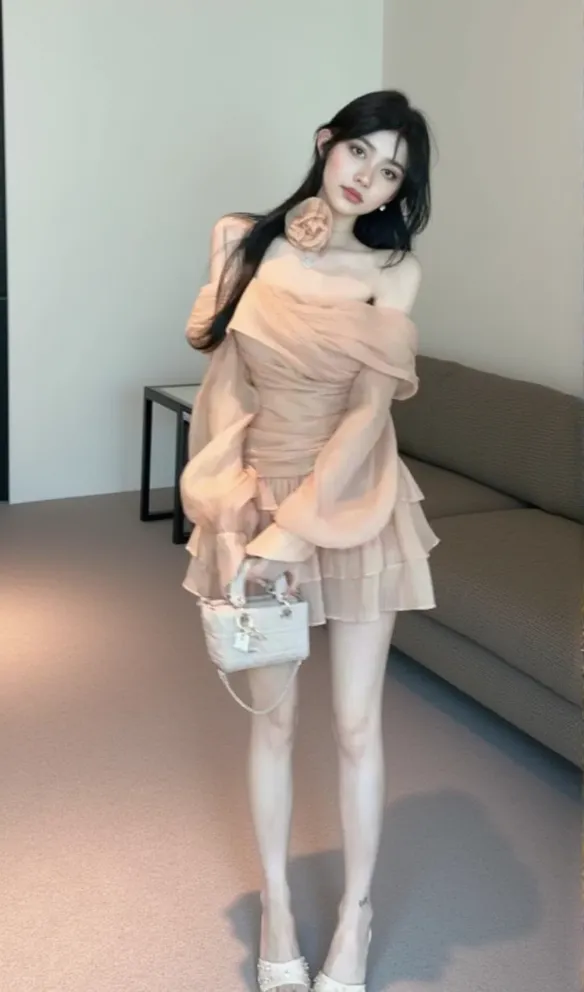 PUFF SLEEVE RUFFLE TRIM MESH CREP DRESS IN NUDE COLOR