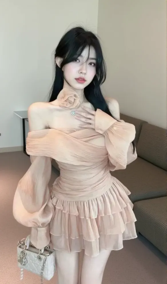 PUFF SLEEVE RUFFLE TRIM MESH CREP DRESS IN NUDE COLOR