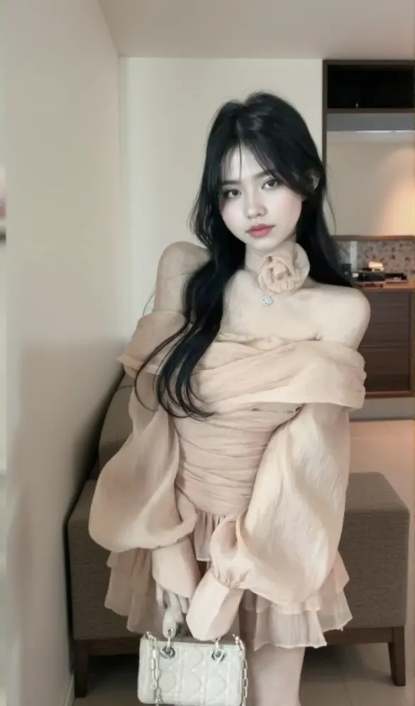 PUFF SLEEVE RUFFLE TRIM MESH CREP DRESS IN NUDE COLOR