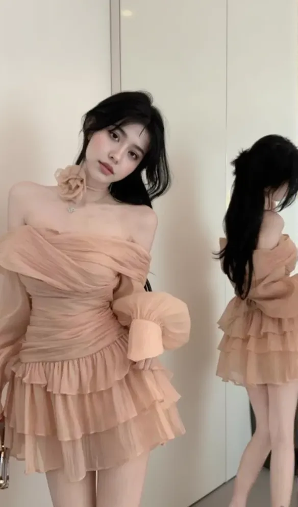 PUFF SLEEVE RUFFLE TRIM MESH CREP DRESS IN NUDE COLOR