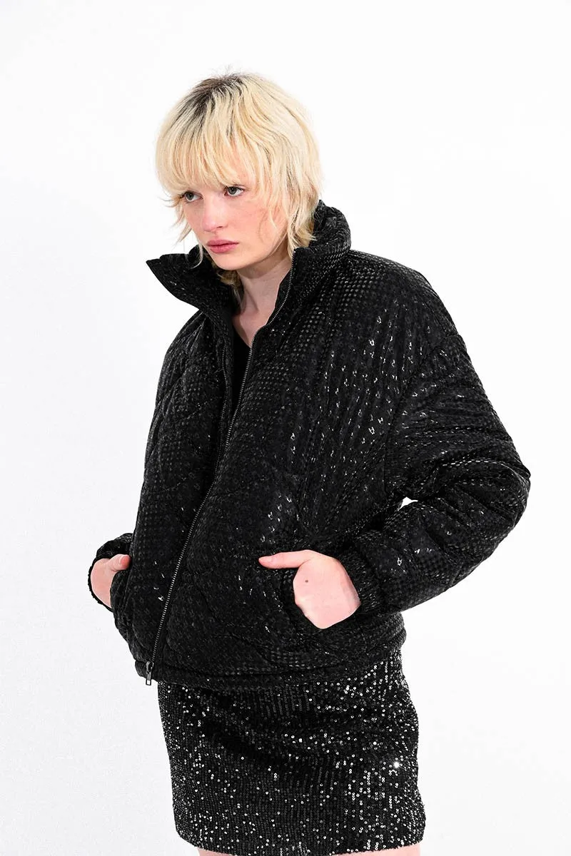 PUFFER DOWN JACKET WITH HOUNDSTOOTH PATTERN