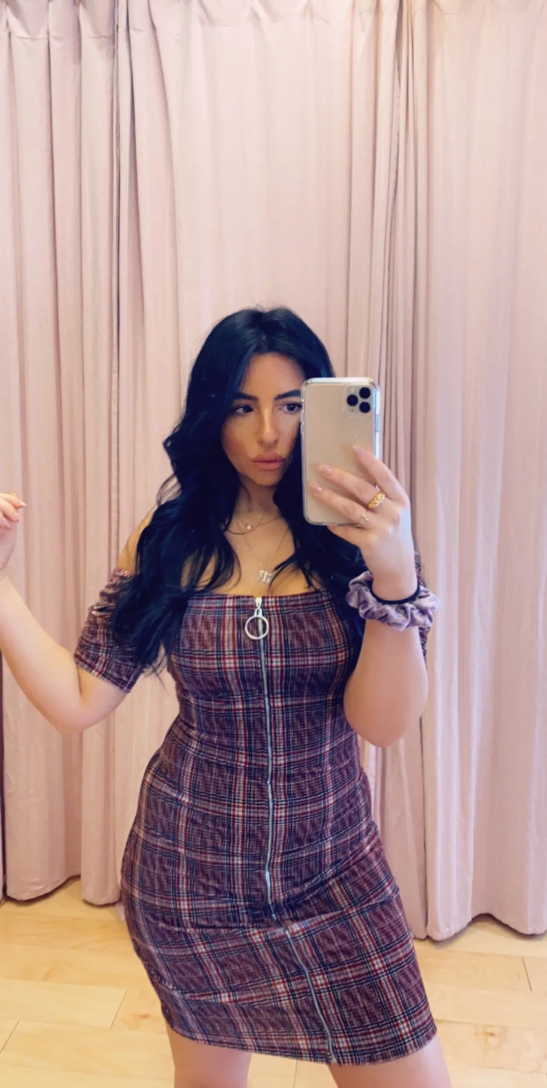 Ribbed Velvet Plaid Print Off The Shoulder Zip Front Mini Dress