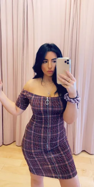 Ribbed Velvet Plaid Print Off The Shoulder Zip Front Mini Dress