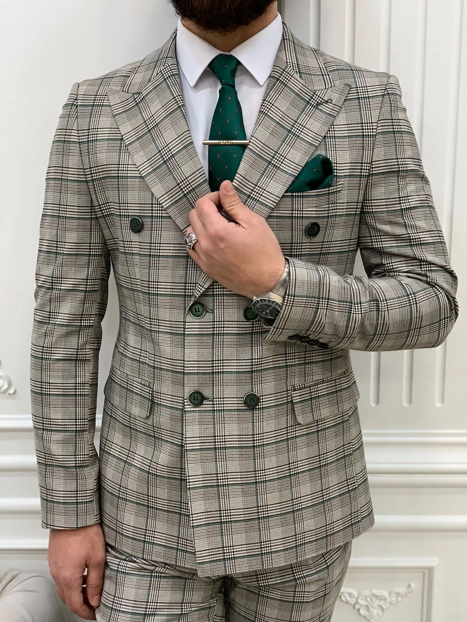 Rosario Green Gray Slim Fit Double Breasted Plaid Suit