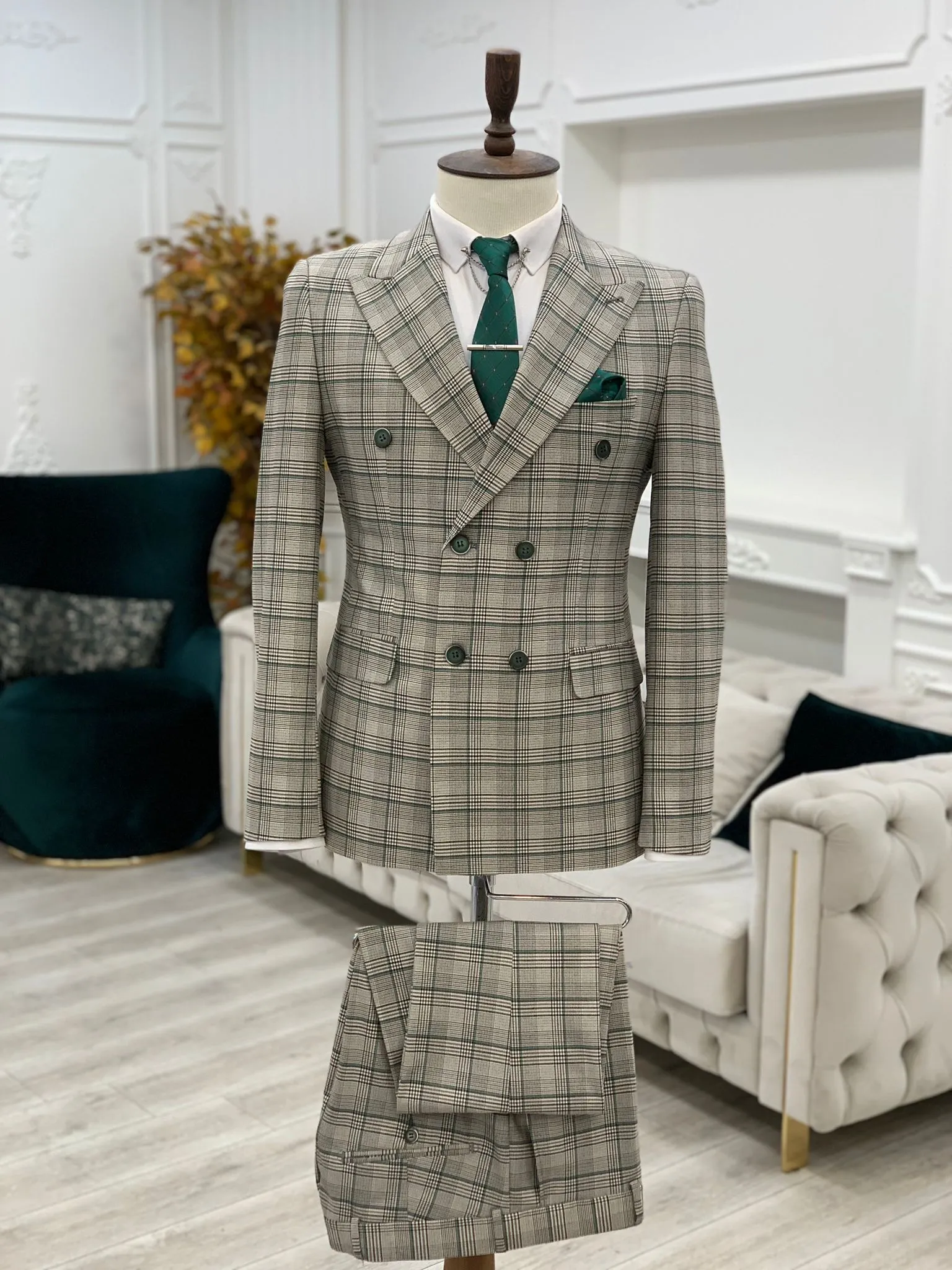 Rosario Green Gray Slim Fit Double Breasted Plaid Suit