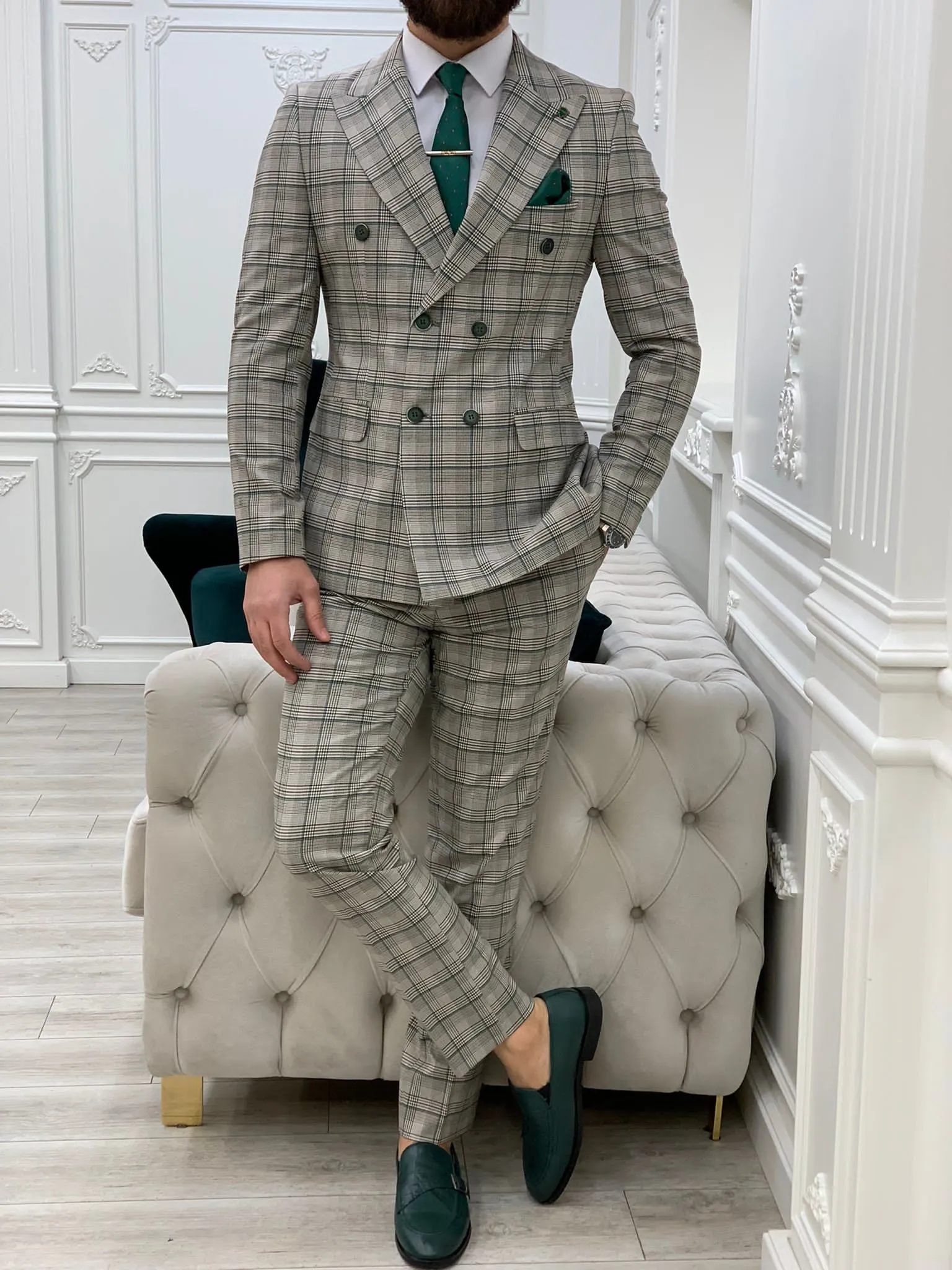 Rosario Green Gray Slim Fit Double Breasted Plaid Suit