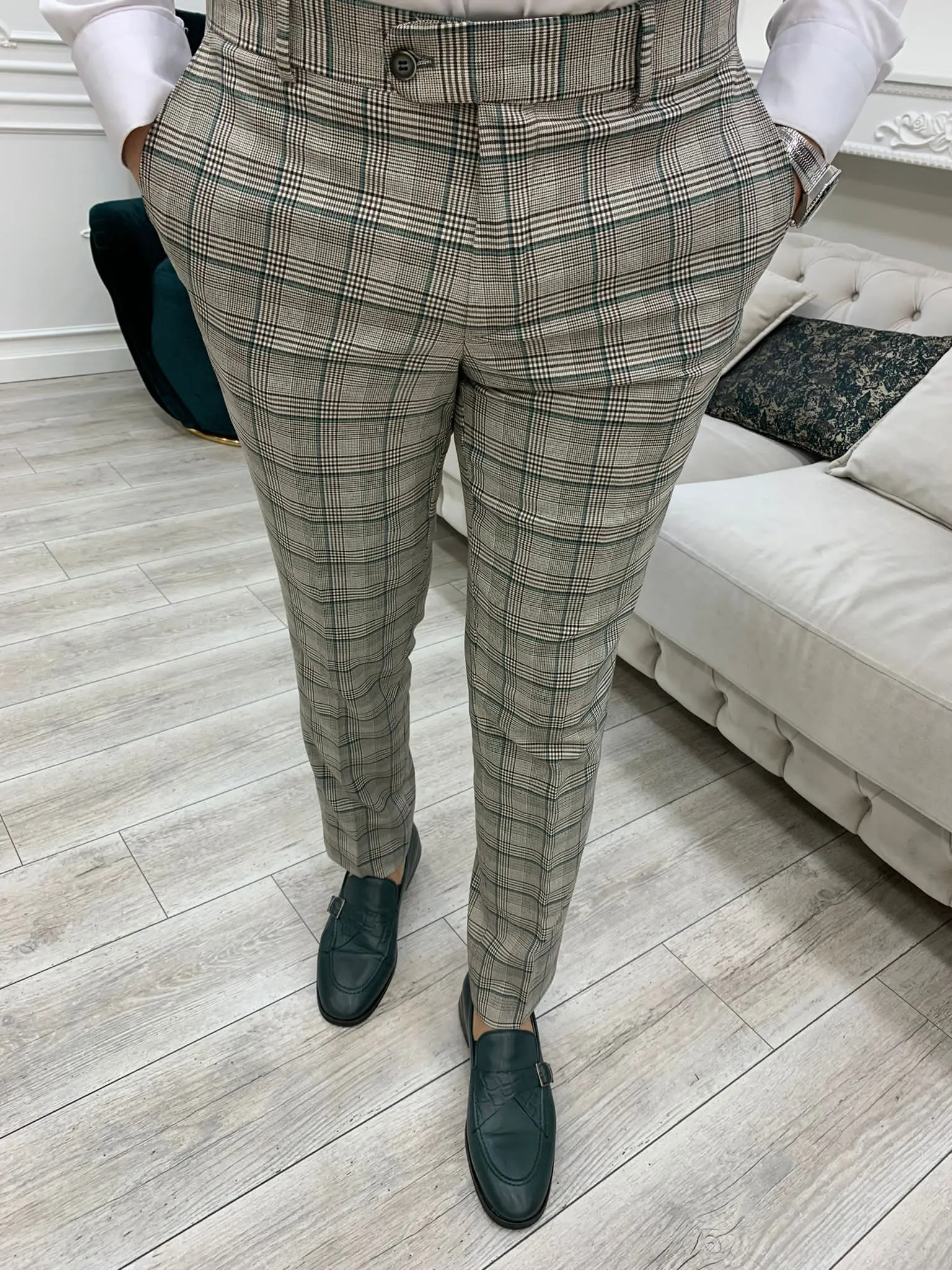 Rosario Green Gray Slim Fit Double Breasted Plaid Suit